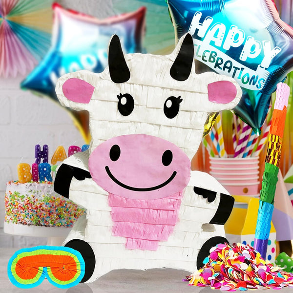 Cow Pinatas Party Set for Farm-Themed Celebrations with Buster Stick, Blindfold, Confetti, and Happy Celebration Balloons