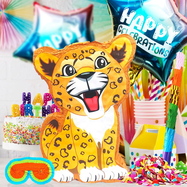 Leopard Pinatas Party Set for Fiesta Celebrations with Buster Stick, Blindfold, Confetti, and Happy Celebration Balloons