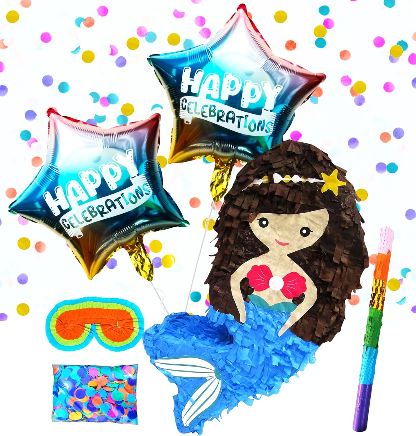 Mermaid Pinatas Party Set with Buster Stick, Blindfold, Confetti, and Happy Celebration Balloons - Perfect for Under-the-Sea Birthdays and Celebrations