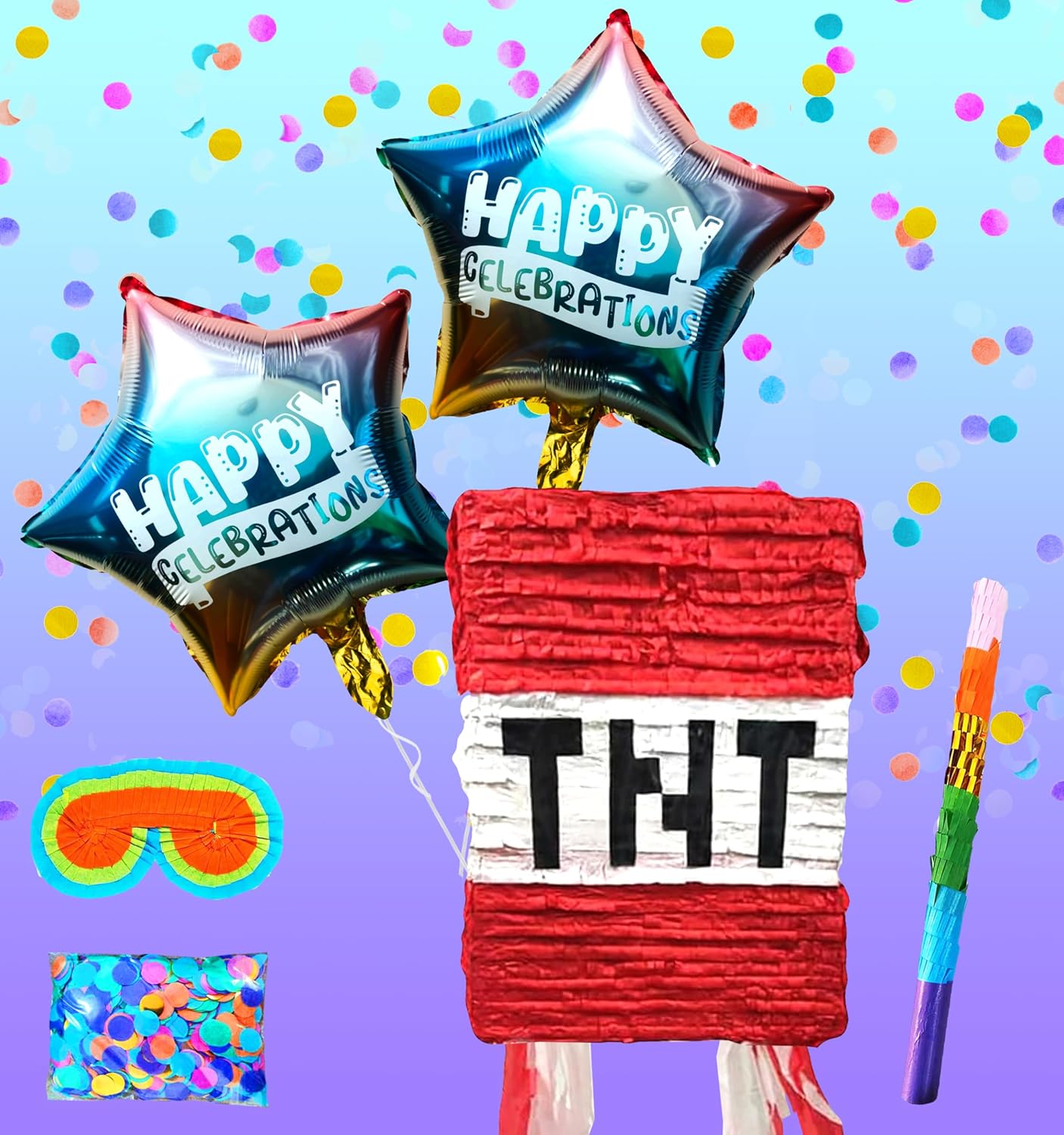 TNT Pinatas Explosive Fun for Birthday Party, Themed Party Decorations with Buster Stick, Blindfold, Confetti, and 2 Balloons