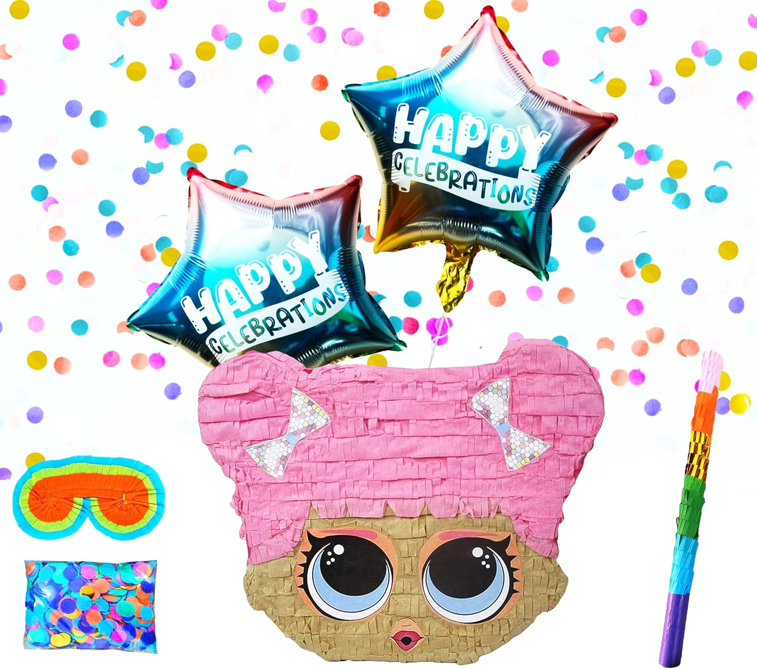 Cute Doll Pinatas Party Set with Buster Stick, Blindfold, Confetti, and Happy Celebration Balloons - Perfect for Birthdays and Celebrations