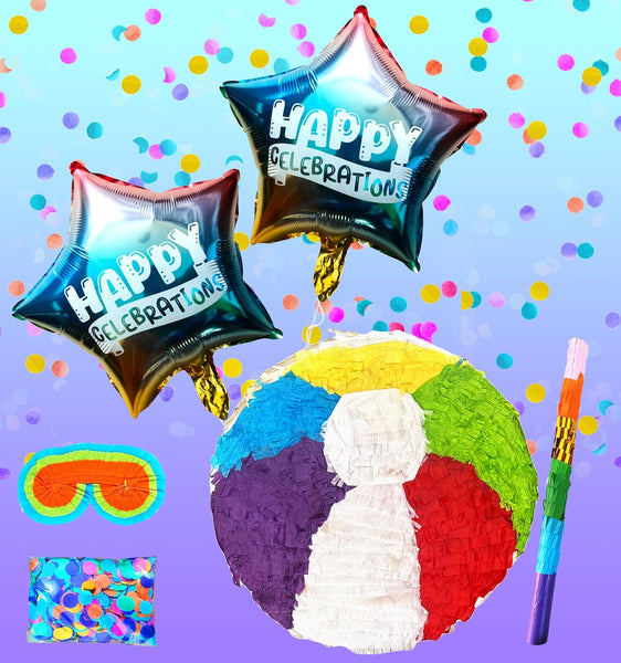 Beach Ball Pinatas for BeachTheme Parties, Perfect Birthday Decorations, Centerpiece, and Summer Party Props, Beach Party Pinatas includes with Buster Stick, Blindfold, Confetti, and 2 Balloons