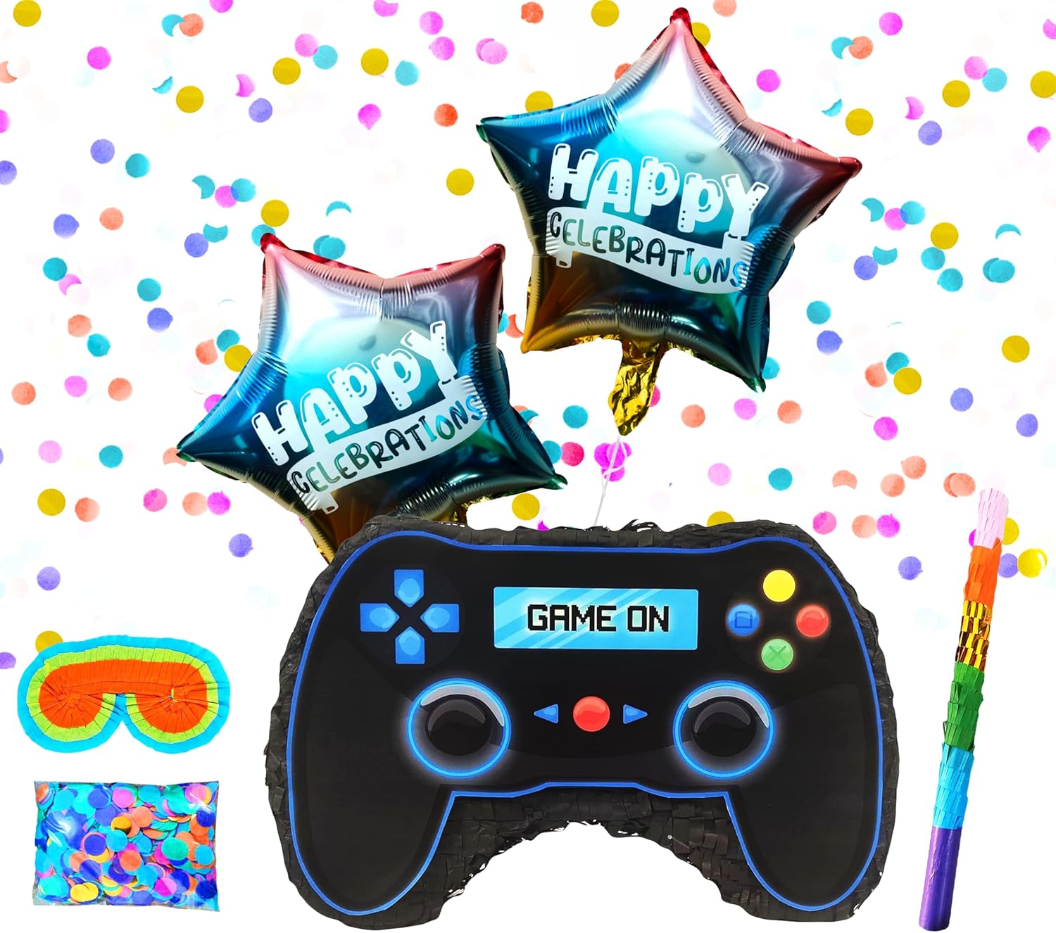 Video Game Controller Pinatas, Game Party Supplies, Themed Decorations, and Birthday Fun Includes, Busterstick, Blinfold, Confetti and 2 Happy Clebrations Ballons