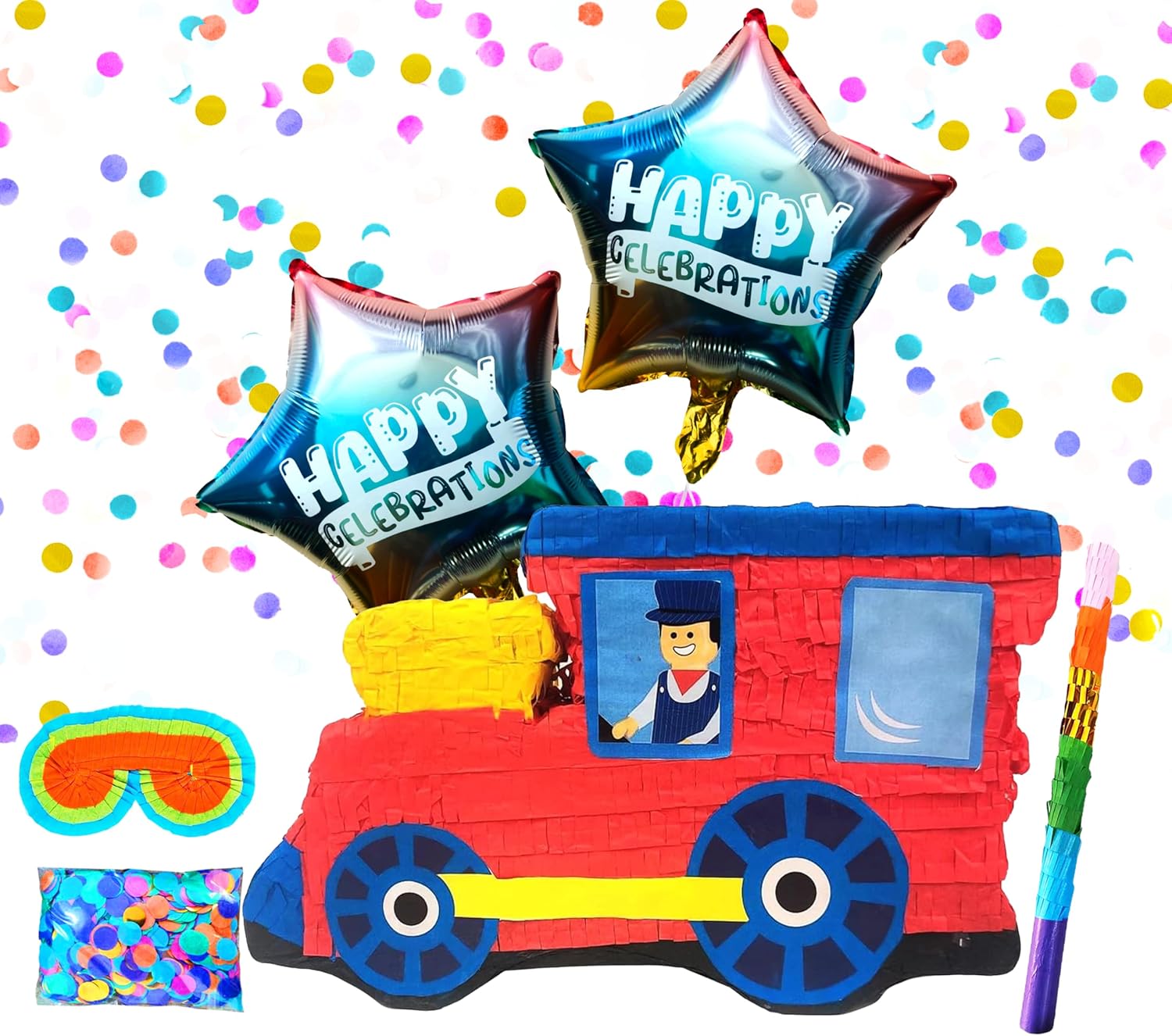 Train Pinatas For Train Themed Party Supplies, Birthday Party Decorations, and Kids Fun Game Pinatas Includes Busterstick, Blindfold, Confetti and 2 Balloons