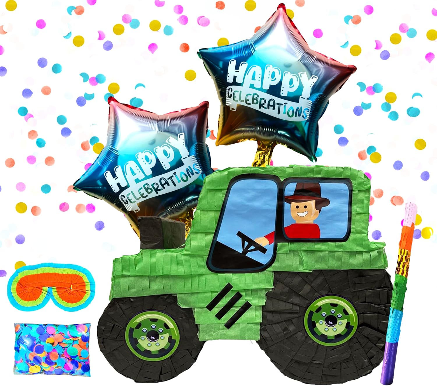 Tractor Pinatas and Birthday Party Supplies, Themed Decorations, Party Favors, and Pinatas Game Fun includes Busterstick,Blindfold,Confetti and 2 Happy Celebrations Ballons