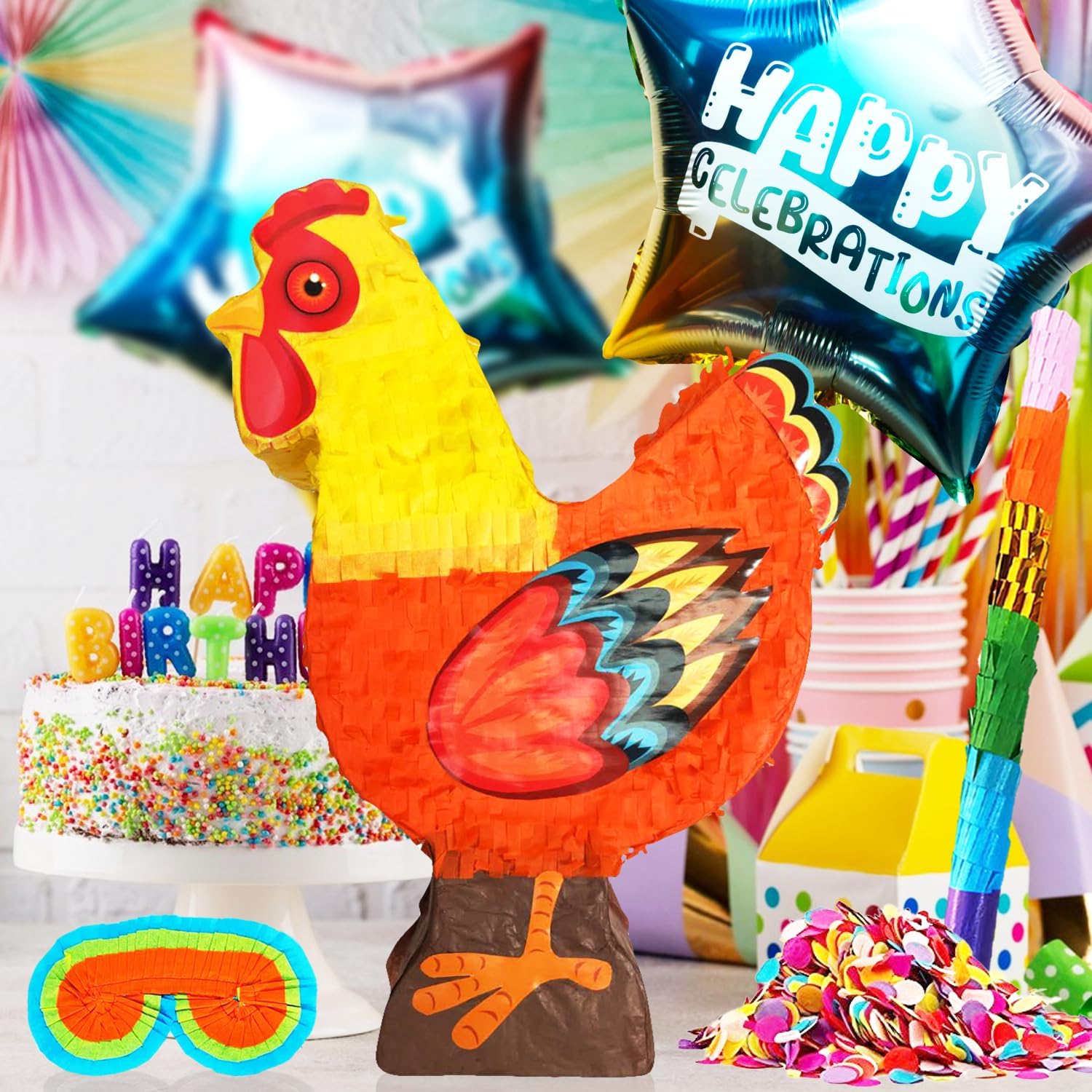 Rooster Pinatas Party Set for Farm-Themed Celebrations with Buster Stick, Blindfold, Confetti, and Happy Celebration Balloons